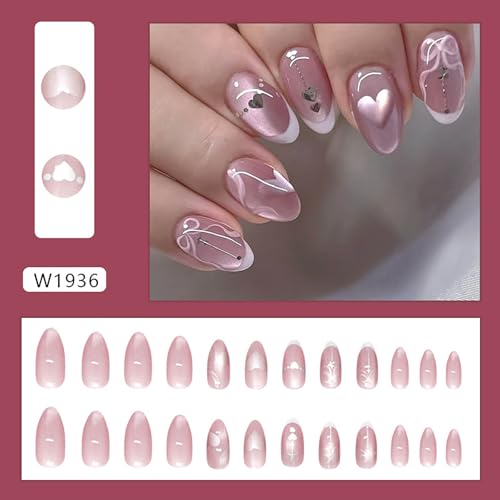 Pink Cat Eye Press on Nails Medium Almond Fake Nails White French Tip False Nails with Heart Designer Reusable Acrylic Nail Bow Artificial Glue on Nails for Women 24Pcs - color: Style13