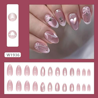 Pink Cat Eye Press on Nails Medium Almond Fake Nails White French Tip False Nails with Heart Designer Reusable Acrylic Nail Bow Artificial Glue on Nails for Women 24Pcs - color: Style13