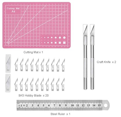 Craft Knife Precision Hobby Knife Kit with 2 Exacto Knife and 20 PCS Exacto Blades for DIY Art Work Cutting, Hobby, Scrapbooking, Stencil (Pink) - color: Pink