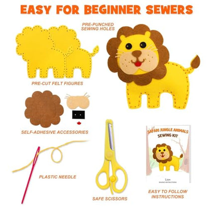 CiyvoLyeen Kids Sewing Kit Crafts – DIY Safari Jungle Animals Felt Plush Ornaments Sewing Set for Girls & Boys Ages 7–12, Beginner Craft Kit Set of 14 - color: Jungle animals-14 Pcs