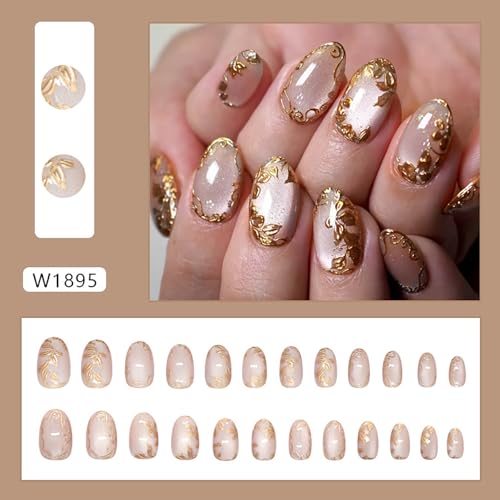 Short Press on Nails Almond Fake Nails Cat's Eye False Nails with Gold Flower Designs Artificial Nail Nude Glitter Glue on Nails Cute Summer Stick on Nail for Women 24Pcs - color: Style08