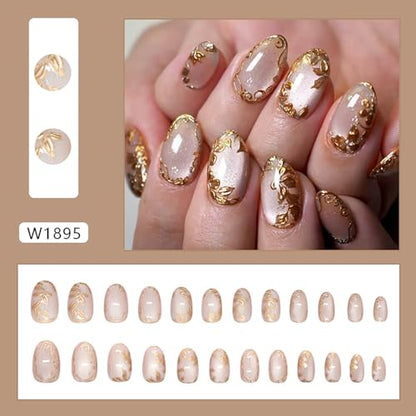 Short Press on Nails Almond Fake Nails Cat's Eye False Nails with Gold Flower Designs Artificial Nail Nude Glitter Glue on Nails Cute Summer Stick on Nail for Women 24Pcs - color: Style08