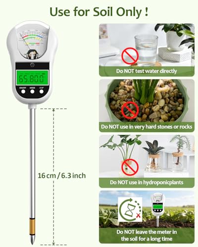 7-in-1 Soil Test Kit, Soil Moisture Meter/pH Meter/Light Intensity/Fertility/Air & Soil Hygrometer Temperature with Large Dual Display for Garden,Lawn, Farm, Indoor Outdoor Plants-Warm White