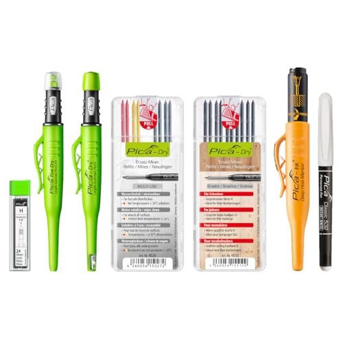Pica Master Set 55010 I Carpenter Professional Marker Set 7 Pieces I Includes Dry Deep Hole Marker, Fine Dry & Ink I Includes Replacement Leads in Graphite H 4050, Coloured 4020, Fine Dry H 7050 I