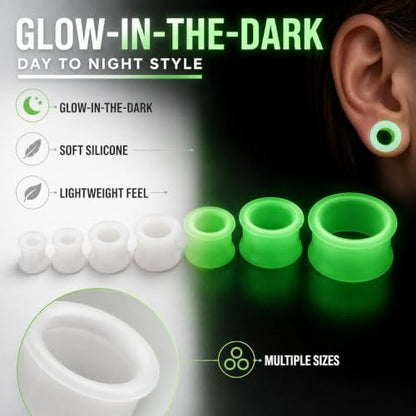 Oyaface 20 PCS Piercing Tunnel Set Soft/Hard Silicone Flesh Ear Plugs 2g-25mm Flexible Ear Stretching Gauge Expander - color: Glow in Dark