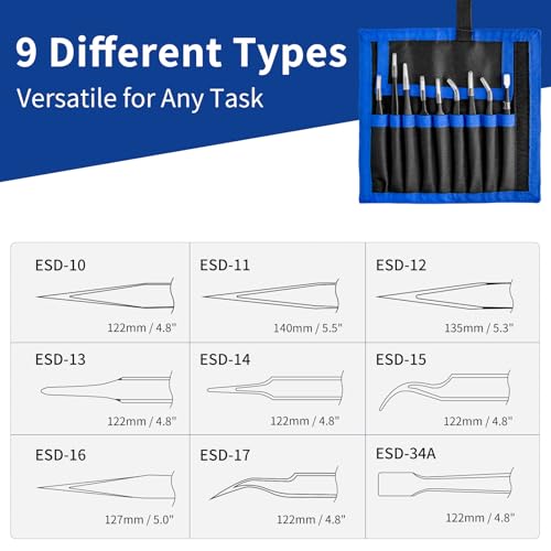 XOOL 9 PCS ESD Precision Tweezers Set, Anti-Static Stainless Steel Tweezers Kit for Electronics, Soldering, Craft, Jewelry, Model Building - size: ESD Tweezers 9 PCS