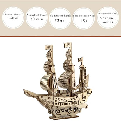 Wooden 3D Sailboat Puzzle Model Kit DIY Ship 3D Jigsaw Puzzles - color: Sailing Boat Puzzle D