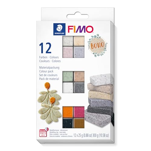 STAEDTLER FIMO Effect Oven-Bake Polymer Clay - Boho Collection: 12 x 25g Half Blocks - for Modeling, Jewelry, Sculpting, Non-Toxic, Adult Arts and Crafts Supplies & Hobbies