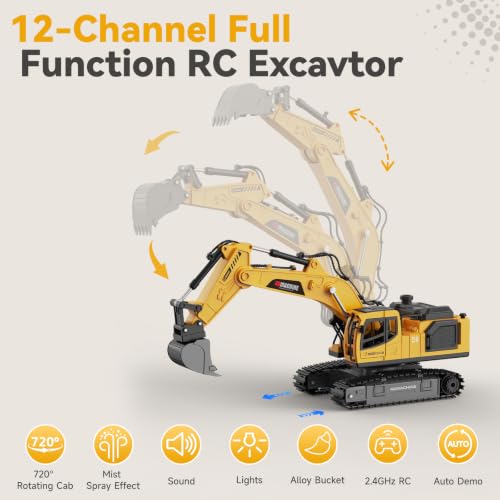 Remote Control Excavator Toy for Boys, 2.4GHz RC Excavator Toys with Metal Bucket, 12-Channel Construction Vehicle with Mist/Lights/Sound, 2x1200mAh Batteries, STEM Birthday Gift for Kids 8-12 - size: 13.4*4.5*6.9IN