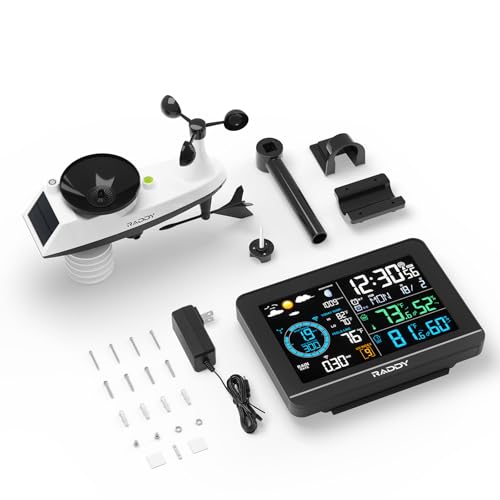 Raddy UV-6 Professional Weather Station with 6" VA Display and Outdoor Sensor, Wireless Indoor Outdoor Temperature & Humidity Monitor, Atomic Clock, UV & Light Index, Wind Speed, Rain Gauge