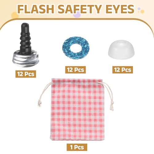 MECCANIXITY 12 Pcs Glitter Safety Eyes, 9mm Plastic 3D Crochet Doll Eyes with Washers and Drawstring Bag for Puppet Bear DIY Crafts Stuffed Animals Making Supplies, Blue - color: Blue