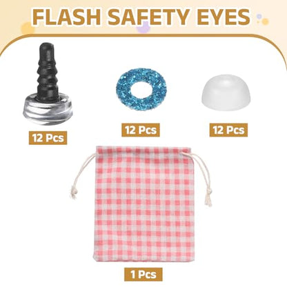 MECCANIXITY 12 Pcs Glitter Safety Eyes, 9mm Plastic 3D Crochet Doll Eyes with Washers and Drawstring Bag for Puppet Bear DIY Crafts Stuffed Animals Making Supplies, Blue - color: Blue