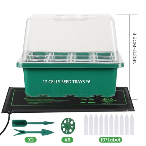 Seed Starter Trays with Grow Lights and Heat Mat, 72 Cells Seed Starter Kit with Lights, 3 Lighting Mode, 4 Timing Set, Germination Kit for Seed Starting Trays with High Humidity Control Domes - color: Green