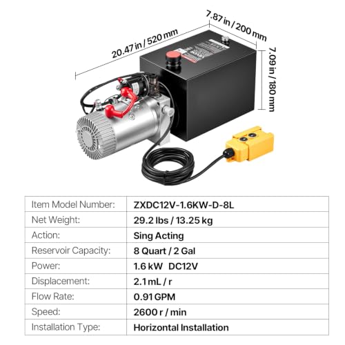 VEVOR 8 Quart Hydraulic Pump, Single Acting Hydraulic Power Unit, 3200 PSI Max Relief Pressure, 0.91 GPM Flow Rate, DC12V 1.6KW Power Unit for Dump Trailer Car Lifting (Horizontal Installation) - size: 20.1×7.3×8.3 inch, style: Single Acting