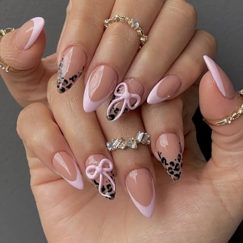 Almond Press on Nails Medium Pink Fake Nailwith Pink Bow Acrylic Nail Press ons Leopard Stick on Nails for Women 24pcs - color: Color10