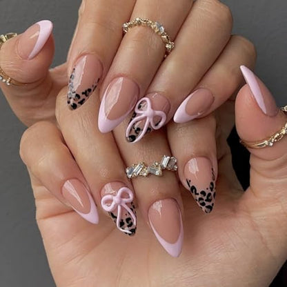 Almond Press on Nails Medium Pink Fake Nailwith Pink Bow Acrylic Nail Press ons Leopard Stick on Nails for Women 24pcs - color: Color10