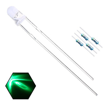 100pcs 3mm Green Lights LED Diodes Clear Round Lens 29mm Long Lead (DC 3V) +100pcs Resistors (for DC 6-12V) Included, Bright Bulb Lamps Light Emitting Diode - color: [07] Green / 100pcs, style: [A] 3mm Constant Light