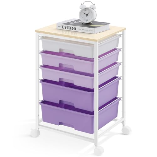 SYKIARIOL Utility Cart with 5 Drawers with Wooden Top,Purple - color: Purple