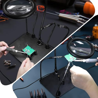 XYK Magnetic Helping Hands Soldering Station with 3X Magnifying Glass and Light, 4 Flexible Helping Arms and Third Hand Tool for Electronic Repair, Jewelry Crafts - size: Large