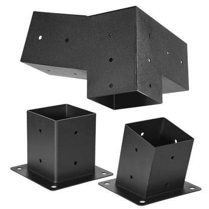 VEVOR Pergola Kit, 4x4 Inch 3-Way Slanted Brackets for 3.5x3.5 Inch Wood Beams in Actual Size, 2-Pack Pergola Brackets with 2 Post Bases and 2 Wall Mount Bases, for Outdoor Pergolas, Gazebos, Sheds - size: 2PC 15°3-Way+4PC Base Post 4*4 SET