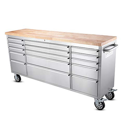 72-inch Stainless Steel Rolling Tool Chest with 15 Drawers, Mobile Workbench, Assembled Large Tool Box Lockable Storage Cabinet with Wheels for Garage Workshop (72'' w/15 Drawers) - size: 72'' w/15 drawers - Stainless Steel