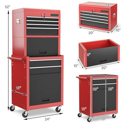 Goplus 6 Drawers Tool Chest, Rolling Metal Tool Box with Universal Wheels, Protective Liner, Detachable Top Toolbox, Auto Lock, 3-in-1 Large Tool Cabinet for Garage Shop Auto Repair - color: Red+black, style: Large 6 Drawers
