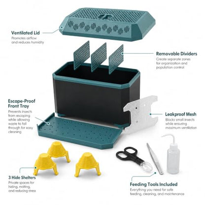 Feeder Insect Breeding Box Kit for Dubia Roaches & Crickets, Ventilated Reptile Feeder Container with Removable Tray, 2 Dividers, Catcher, Tweezers & 150 mL Bottle