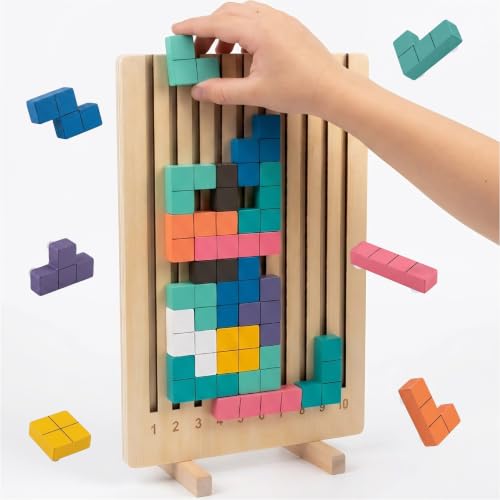 Cateam Wooden Montessori Brain Blocks Russian Blocks Style Puzzle - 3D Geometric Stacking Game with 10 Challenge Cards - Educational STEM Toy for Toddlers & Kids Ages 3-5 - Tangram Logic Gift