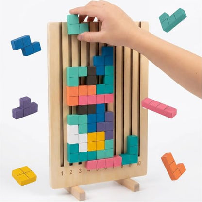 Cateam Wooden Montessori Brain Blocks Russian Blocks Style Puzzle - 3D Geometric Stacking Game with 10 Challenge Cards - Educational STEM Toy for Toddlers & Kids Ages 3-5 - Tangram Logic Gift