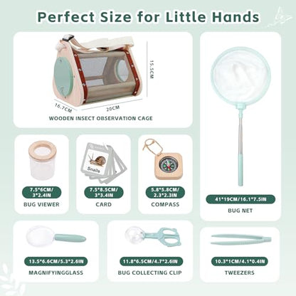 Bug Catcher for Kids Explorer Kit with Insect Observation Cage,Butterfly Net,Magnifying Glass,Compass,Kids Adventure Kit for Backyard & Camping,Outdoor Educational Toy Gift for Girls Boys