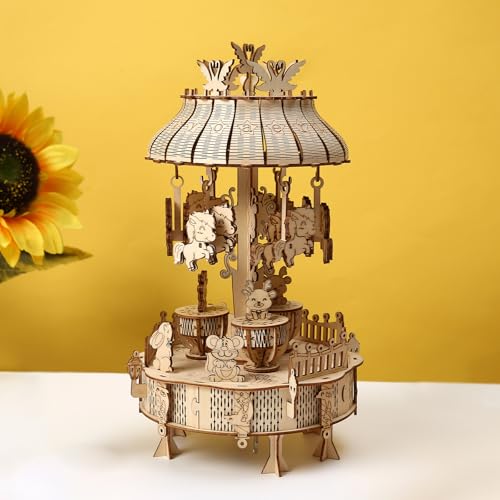 3D Wooden Puzzle for Adults, 3D Puzzle Musical Carousel Model Kit with Music Box, Rotatable Wood Mechanical Gear Building, Classic Construction Craft Set DIY Birthday Gift, 153 PCS - color: Musical Carousel