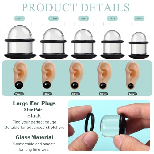 GEMQUEEN 24 Pcs 0.5mm Increments Glass Ear Stretching Kit Hypoallergenic - color: Black, size: 16mm(5/8'') | 2pcs