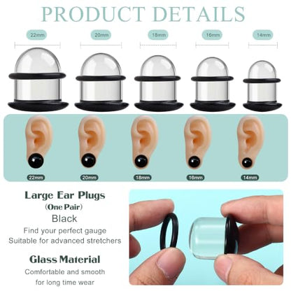 GEMQUEEN 24 Pcs 0.5mm Increments Glass Ear Stretching Kit Hypoallergenic - color: Black, size: 16mm(5/8'') | 2pcs