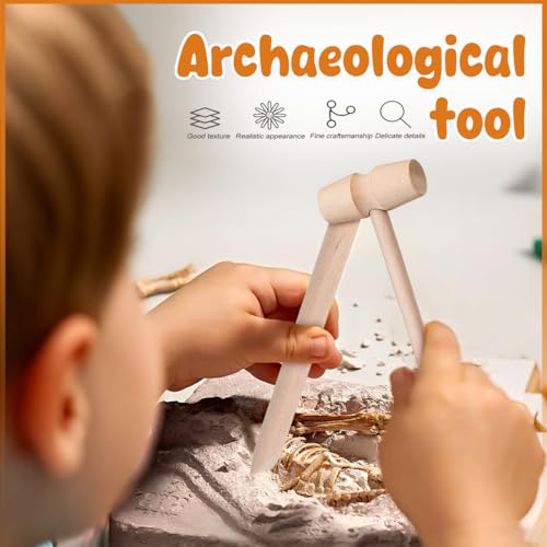 Kids Archaeological Excavation Tools Kit with Wooden Hammer Brush and Chisel - Educational Stem Toy for Rock Digging Pretend Play and Fossil Excavation