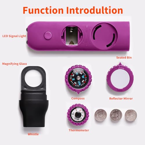 Multifunctional Survival Emergency Whistle for Kids with Compass Hiking Survival, Thermometer & Neck Lanyard | Emergency Safety Gear for Hiking, Camping, Kayaking, Boating, Climbing - color: rose purple