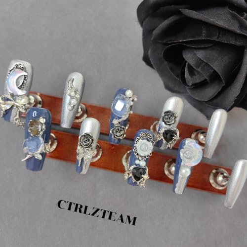 CTRLZTEAM Cyber Gothic Coffin Press on Nails Silver Blue Square Nails - color: Blue Silver, size: M