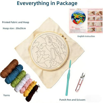 DIY Punch Needle Kits Green Sea Turtle with Hoop 20x20cm-5 - color: 02-Sea Turtle