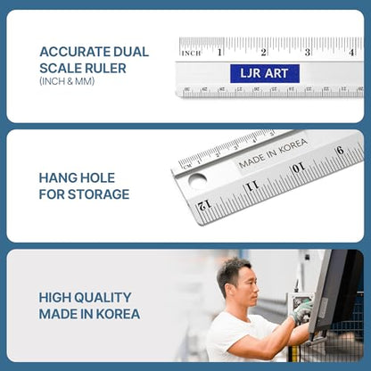 12 Inch Aluminum Cutting Ruler, Dual Scale Inch/Metric Measuring Tool with Precision Markings, Lightweight Straight Edge for Architects, Students, Engineers, and Designers