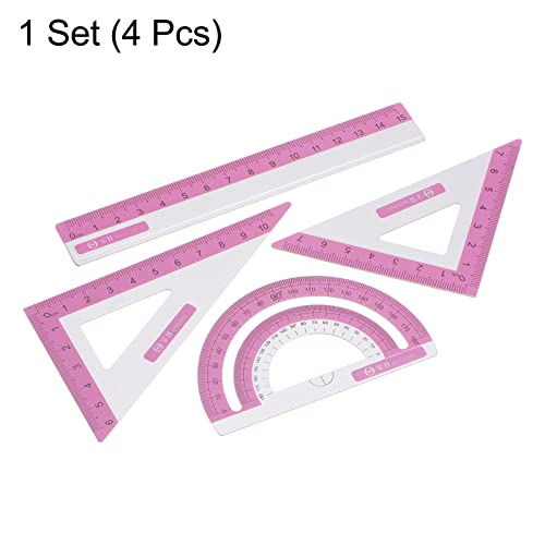 HARFINGTON 4pcs Geometry Set 15cm Metric Measure Ink Printing Aluminum Ruler Metal Ruler Set Triangle Protractor Ruler Tool Set for Classroom, Office, Home, Rose Red - color: Rose Red