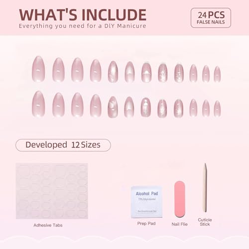 Pink Cat Eye Press on Nails Medium Almond Fake Nails White French Tip False Nails with Heart Designer Reusable Acrylic Nail Bow Artificial Glue on Nails for Women 24Pcs - color: Style13