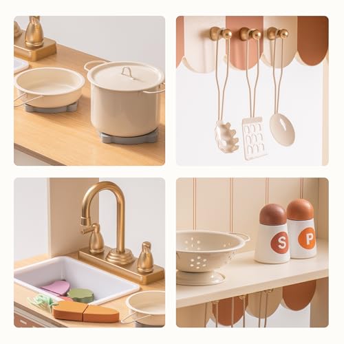ROBOTIME Wooden Play Kitchen Set with Cutting Food, Ages 3+, 23in × 32in - color: Beige Color