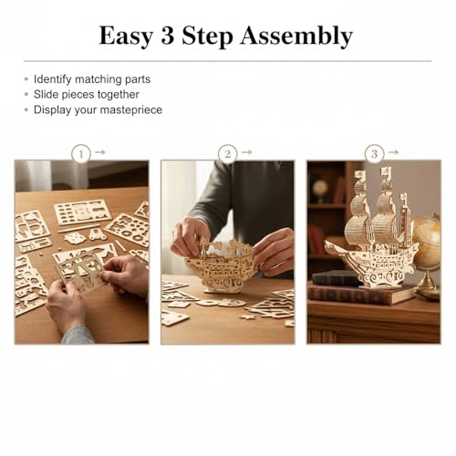 3D Pirate Ship Puzzle Wooden Model Kit, Birch Material, 52 Pieces, Easy Assembly Desk Decoration, DIY Home Decor & Small Gift, Includes Display Stand, 6.1" Tall, Ages 14 and Up