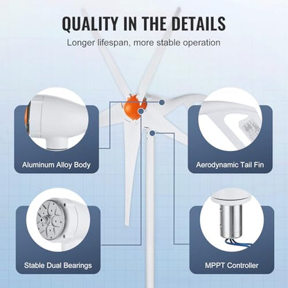 VEVOR 500W Wind Turbine Generator, 12V Wind Turbine Kit, 5-Blade Wind Power Generator with MPPT Controller, Adjustable Windward Direction & 2.5m/s Start Wind Speed, Suitable for Home, Farm, RVs, Boats - style: 12V 500W 5-Blade