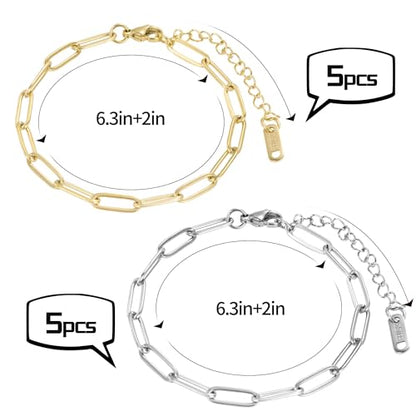 HUISUYTON 18K Gold Plated 10PCS 6.3 Inch Paperclip Charm Bracelet Chain - color: Gold and Silver-5.25Ft