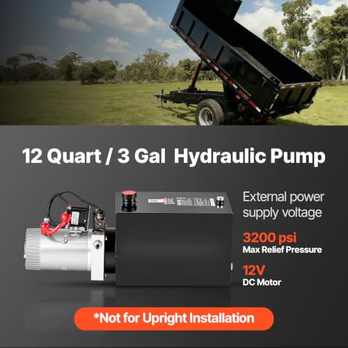 VEVOR 12 Quart Hydraulic Pump, Single Acting Hydraulic Power Unit, 3200 PSI Max Relief Pressure, 0.91 GPM Flow Rate, DC12V 1.6KW Power Unit for Dump Trailer Car Lifting (Horizontal Installation) - size: 12 Quart, style: Single Acting