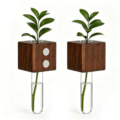 2PCS 3D Mini Vase Magnets for Fridge with Glass for Home Office - color: 2pcs Walnut Wood