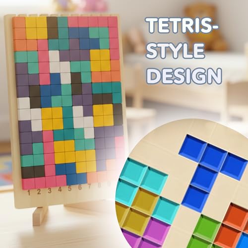 Cateam Wooden Montessori Brain Blocks Russian Blocks Style Puzzle - 3D Geometric Stacking Game with 10 Challenge Cards - Educational STEM Toy for Toddlers & Kids Ages 3-5 - Tangram Logic Gift