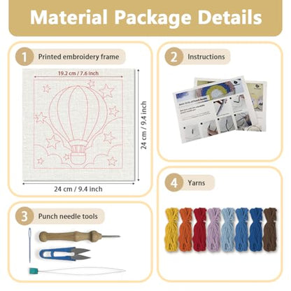 DOODLREAM Hot Air Balloon DIY Punch Needle Embroidery Kit for Adult Beginner, 9.4" Stars Punch Stitching Craft Set for Starter with Frame, Fabric Pattern, Threader, Yarn, Pinch Needle - color: Hot Air Balloon