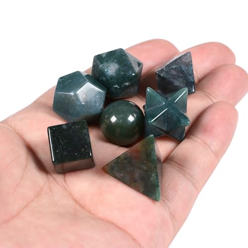 Justinstones 7-Piece Moss Agate Natural Crystal Geometry Collection Healing Crystals Kit Sacred Geometry Platonic Solids Geometric Set Tumbled Stones Specimen Collection - style: Moss Agate