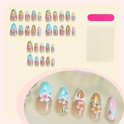 3D French Tips Fake Acrylic Nails Medium Press on Nails Almond Handmade Glue on Nails with Cute Flowers and Water Ripples Designs Press on False Nails Glossy Stick on Nail for Women 24pcs - color: Style11